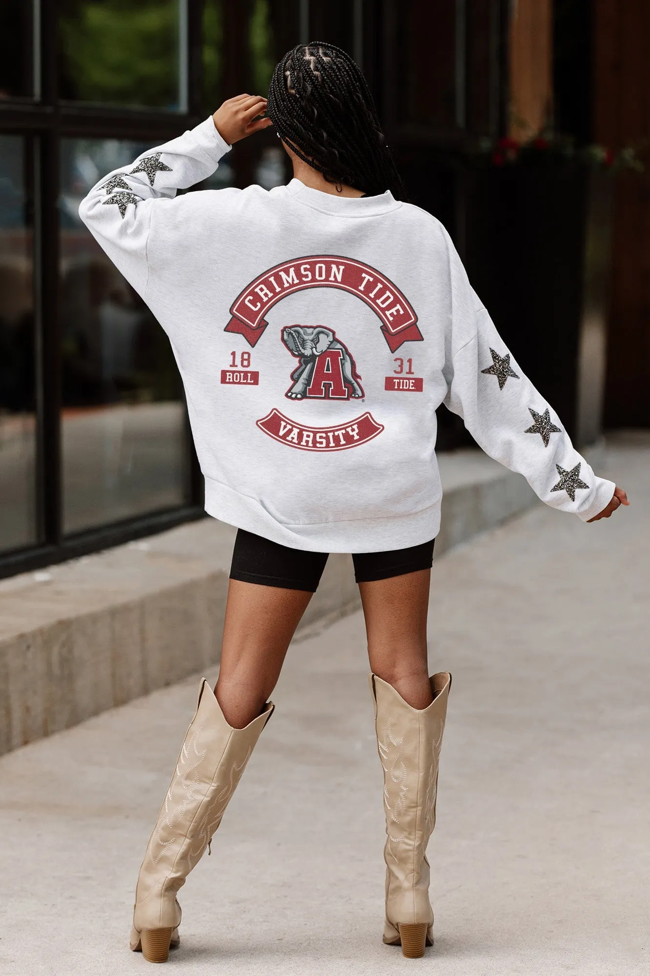 ALABAMA CRIMSON TIDE READY FOR IT EMBELLISHED STAR SLEEVE CREWNECK PULLOVER