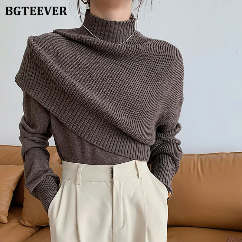 Christmas Gift Joskaa Casual Half Turtleneck Women Knitted Sweaters Pullovers 2024 Autumn Winter Fake 2 Pieces Female Pullovers Knitwear