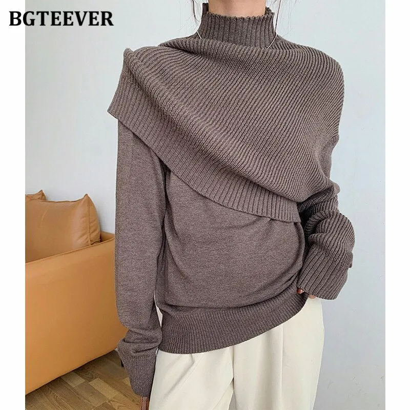 Christmas Gift Joskaa Casual Half Turtleneck Women Knitted Sweaters Pullovers 2024 Autumn Winter Fake 2 Pieces Female Pullovers Knitwear