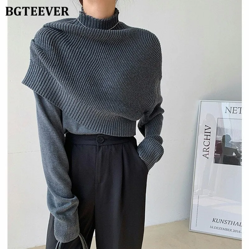Christmas Gift Joskaa Casual Half Turtleneck Women Knitted Sweaters Pullovers 2024 Autumn Winter Fake 2 Pieces Female Pullovers Knitwear