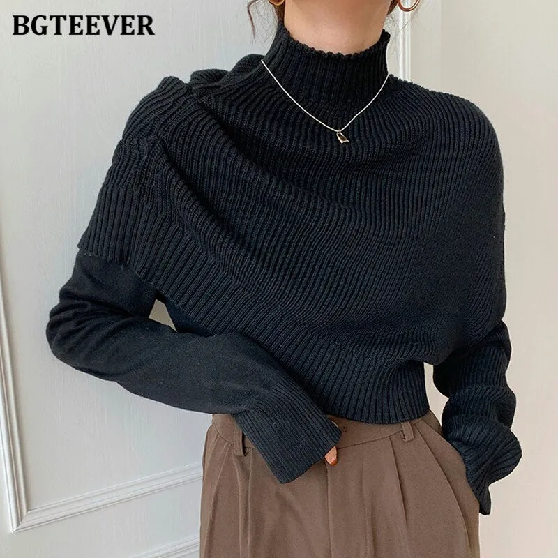 Christmas Gift Joskaa Casual Half Turtleneck Women Knitted Sweaters Pullovers 2024 Autumn Winter Fake 2 Pieces Female Pullovers Knitwear
