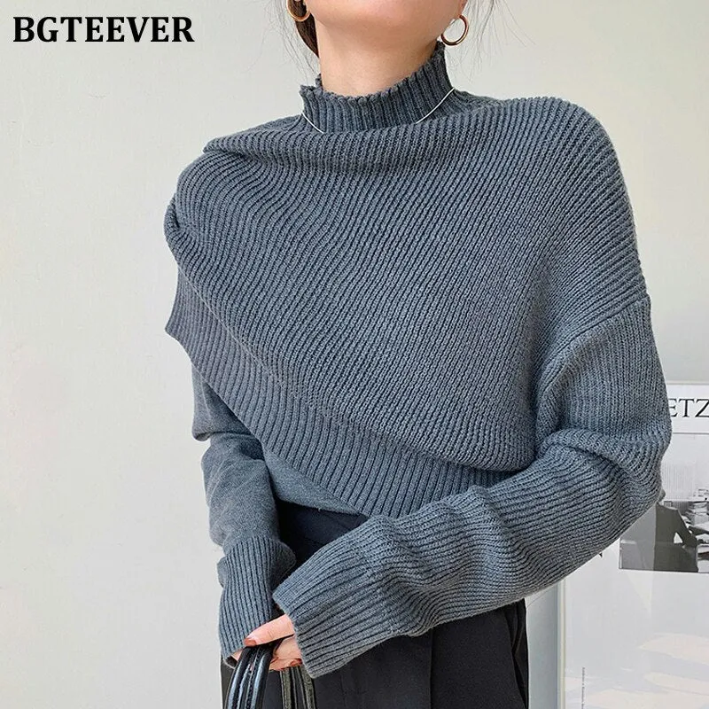 Christmas Gift Joskaa Casual Half Turtleneck Women Knitted Sweaters Pullovers 2024 Autumn Winter Fake 2 Pieces Female Pullovers Knitwear