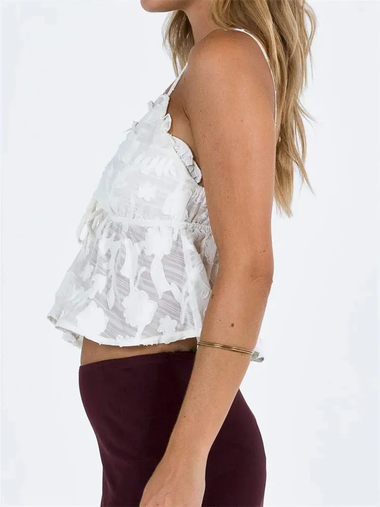 FashionSierra - 2024 Lace Floral Strap Camis Party Clubwear Sexy V-neck Tie-up White Solid Tank Vest Crop Tops