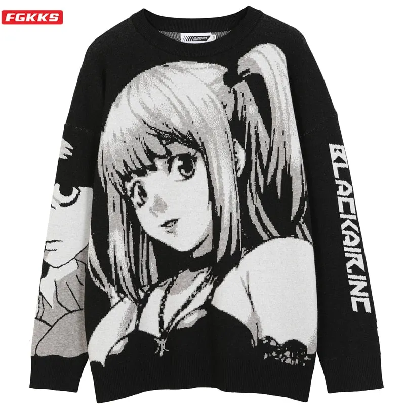 FGKKS Mens Hip Hop Streetwear Harajuku Sweater Vintage Japanese Style Anime Girl Knitted 2021