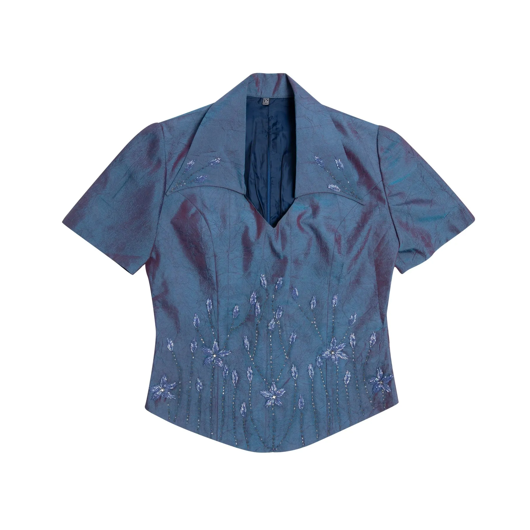 Mercerized Acetate Beaded Wing Collar T Blouse