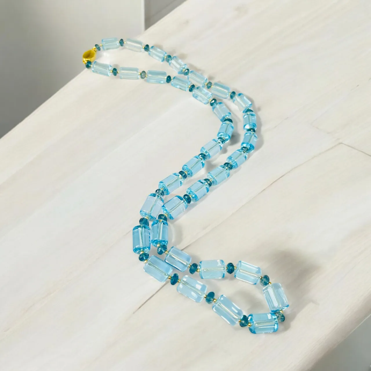 Swiss, London Blue Topaz Beaded Necklace with Yellow Gold Accents, 23.5 Inches