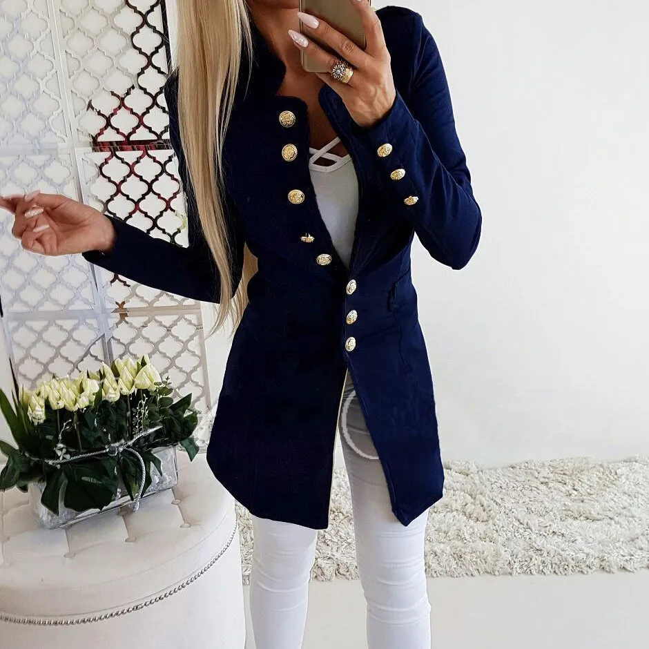VenusFox Solid Long Button Sleeve Outerwear Coat