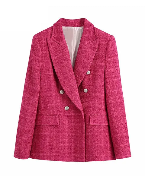 Wjczt Women Fashion Double Breasted Tweed Green Blazer Coat Vintage Long Sleeve Flap Pockets Female Outerwear Chic Veste