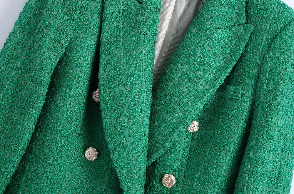 Wjczt Women Fashion Double Breasted Tweed Green Blazer Coat Vintage Long Sleeve Flap Pockets Female Outerwear Chic Veste