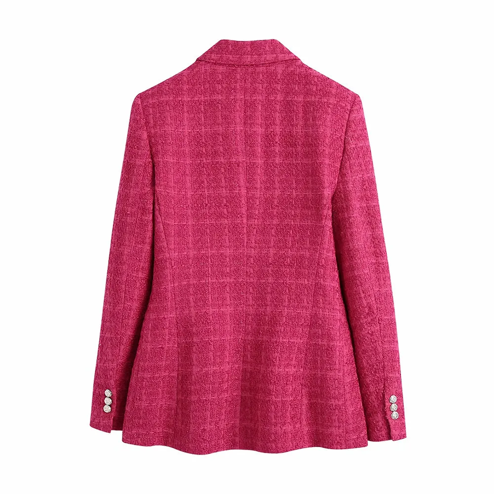 Wjczt Women Fashion Double Breasted Tweed Green Blazer Coat Vintage Long Sleeve Flap Pockets Female Outerwear Chic Veste
