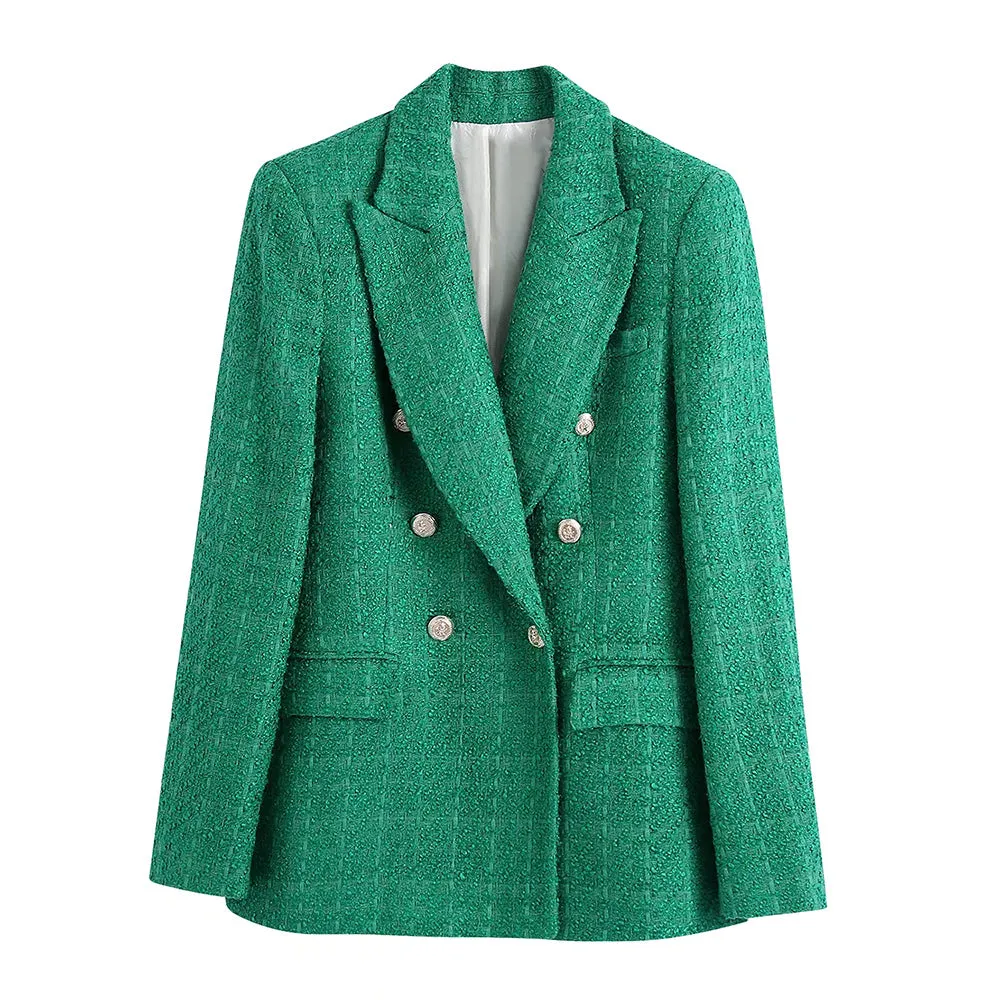 Wjczt Women Fashion Double Breasted Tweed Green Blazer Coat Vintage Long Sleeve Flap Pockets Female Outerwear Chic Veste