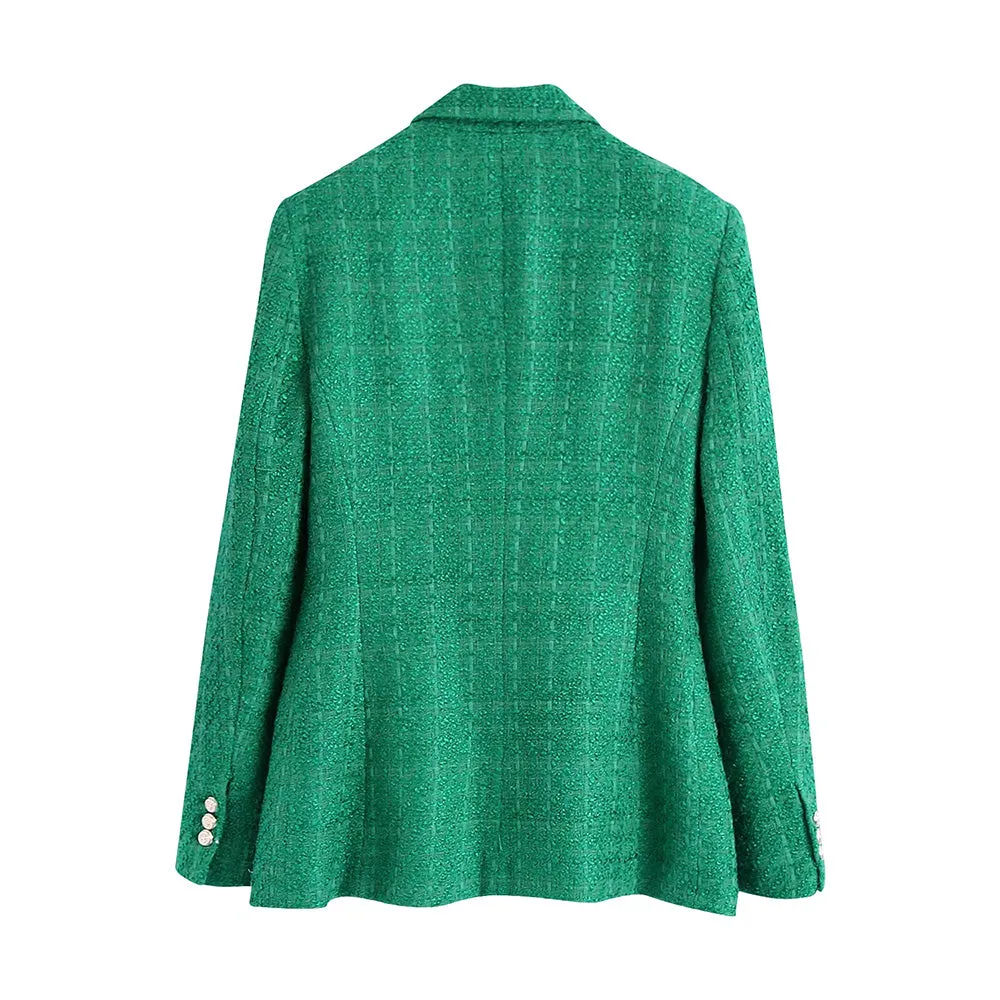 Wjczt Women Fashion Double Breasted Tweed Green Blazer Coat Vintage Long Sleeve Flap Pockets Female Outerwear Chic Veste