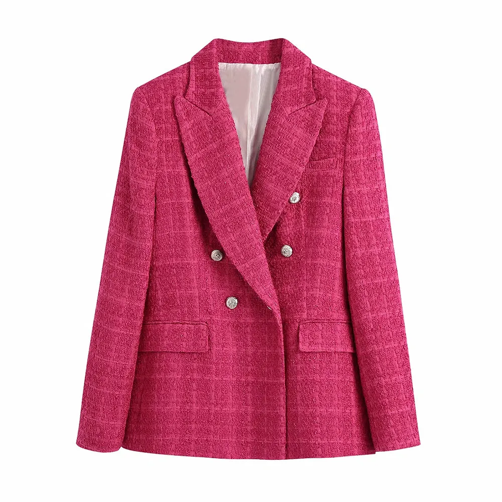 Wjczt Women Fashion Double Breasted Tweed Green Blazer Coat Vintage Long Sleeve Flap Pockets Female Outerwear Chic Veste