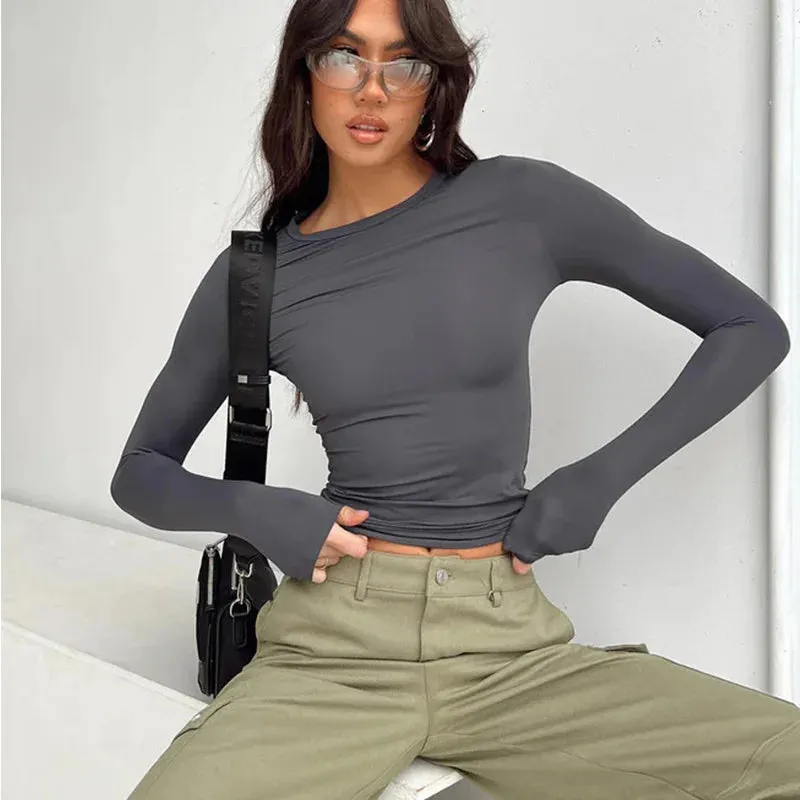 Women Casual Long Sleeve T-Shirts Solid Slim Fit