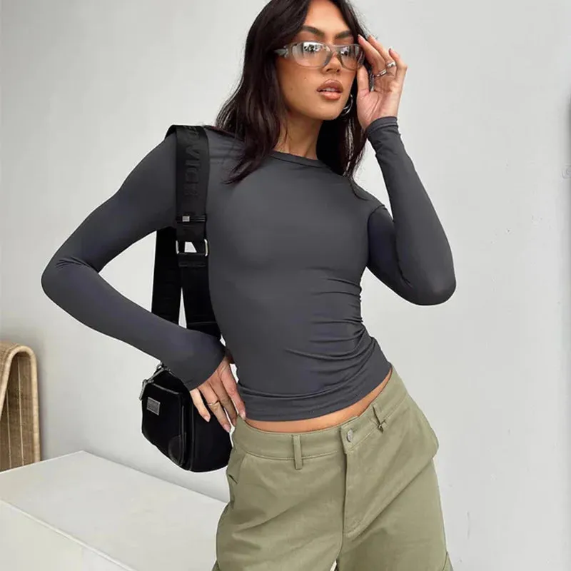 Women Casual Long Sleeve T-Shirts Solid Slim Fit