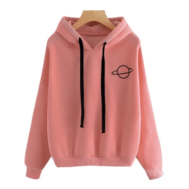 Women Hoodies Casual Planet Print Solid Color Loose Drawstring Sweatshirt Fashion Long Sleeve Hooded Female Tops