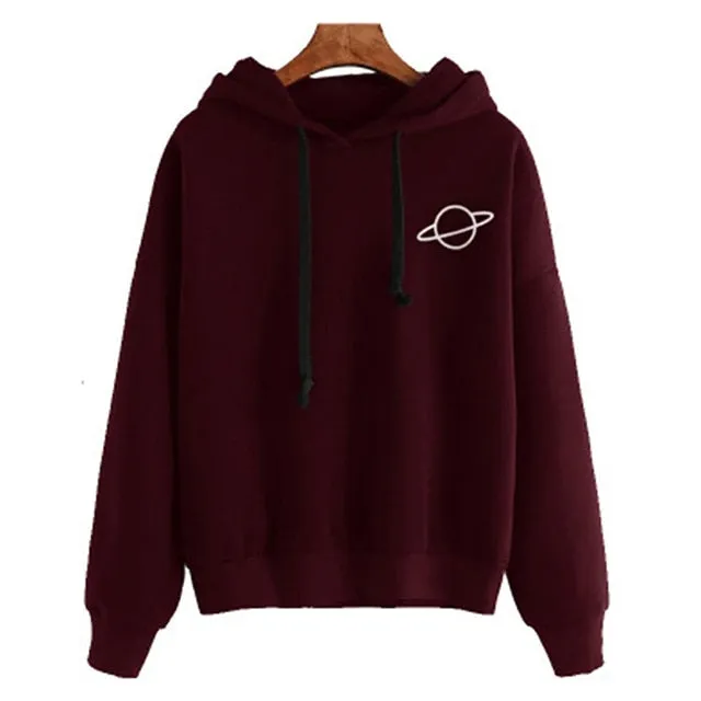 Women Hoodies Casual Planet Print Solid Color Loose Drawstring Sweatshirt Fashion Long Sleeve Hooded Female Tops