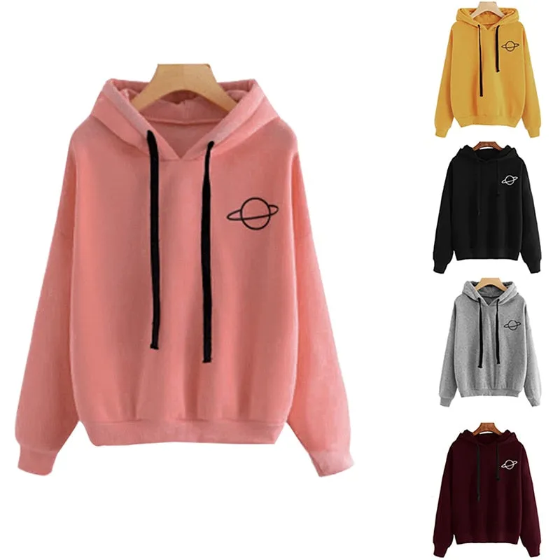 Women Hoodies Casual Planet Print Solid Color Loose Drawstring Sweatshirt Fashion Long Sleeve Hooded Female Tops