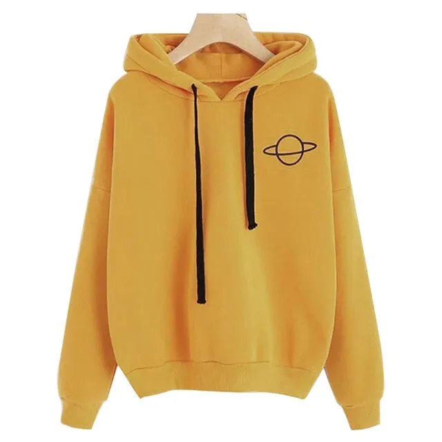 Women Hoodies Casual Planet Print Solid Color Loose Drawstring Sweatshirt Fashion Long Sleeve Hooded Female Tops