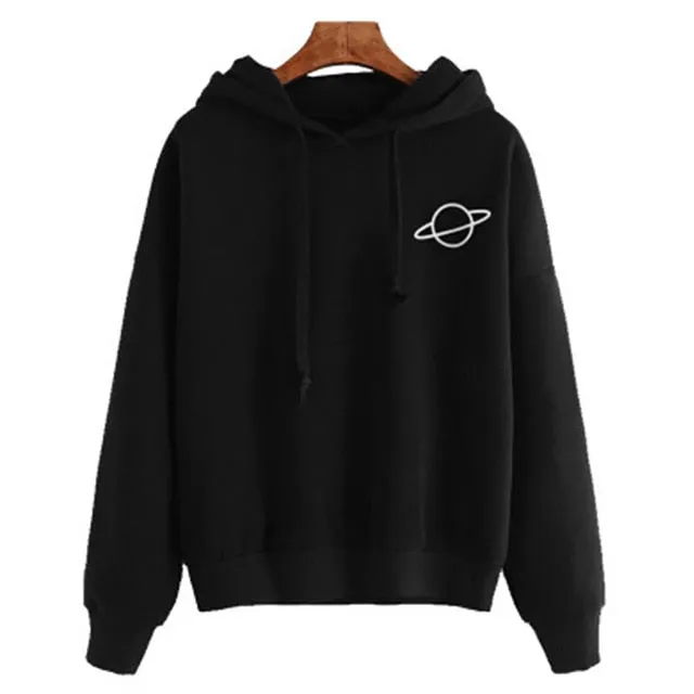 Women Hoodies Casual Planet Print Solid Color Loose Drawstring Sweatshirt Fashion Long Sleeve Hooded Female Tops