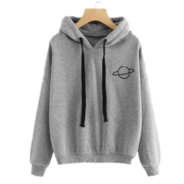 Women Hoodies Casual Planet Print Solid Color Loose Drawstring Sweatshirt Fashion Long Sleeve Hooded Female Tops